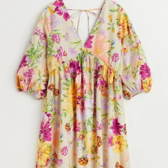 H&M Multicolor Floral Print 3/4 Balloon Sleeve V-Neck Mini Dress, Size M - Picture 1 of 10